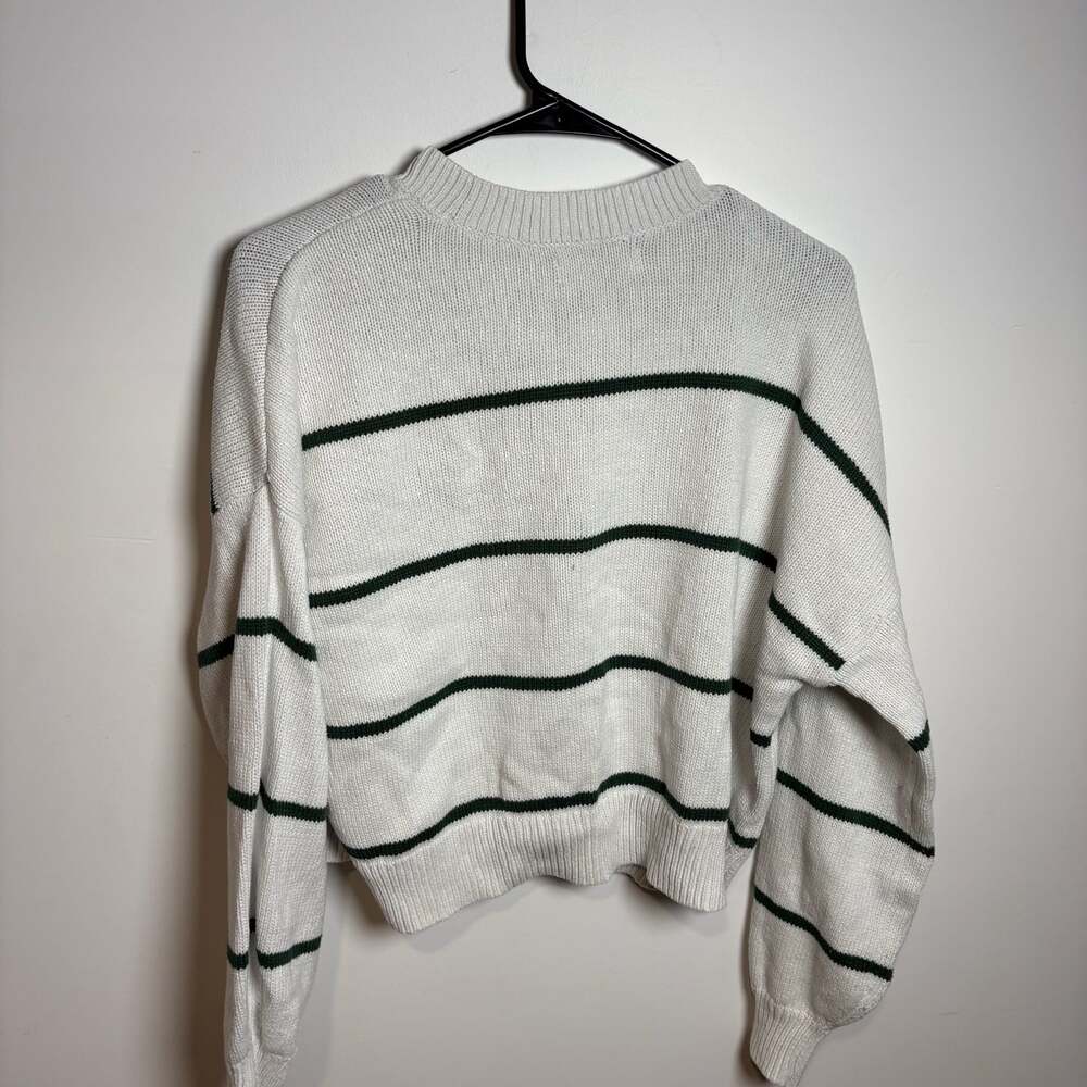 Hollister Women's White & Green Striped Cropped Crew Neck Knit Sweater Size S - Picture 4 of 4